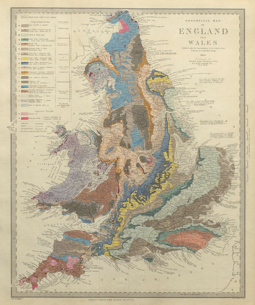 ENGLAND & WALES. Geological Map.Original hand colour.Depositary rocks.SDUK 1844