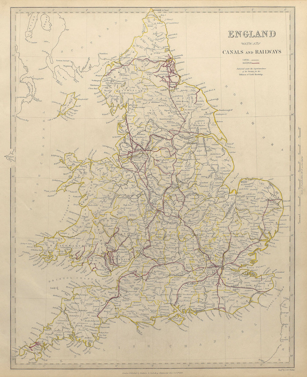 ENGLAND AND WALES. Canals and Railways. SDUK 1844 old antique map plan chart