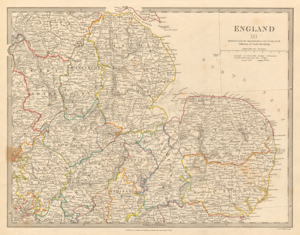 ENGLAND EAST. Norfolk Suffolk Cambs Lincs Leics Derbys Notts. SDUK 1844 map