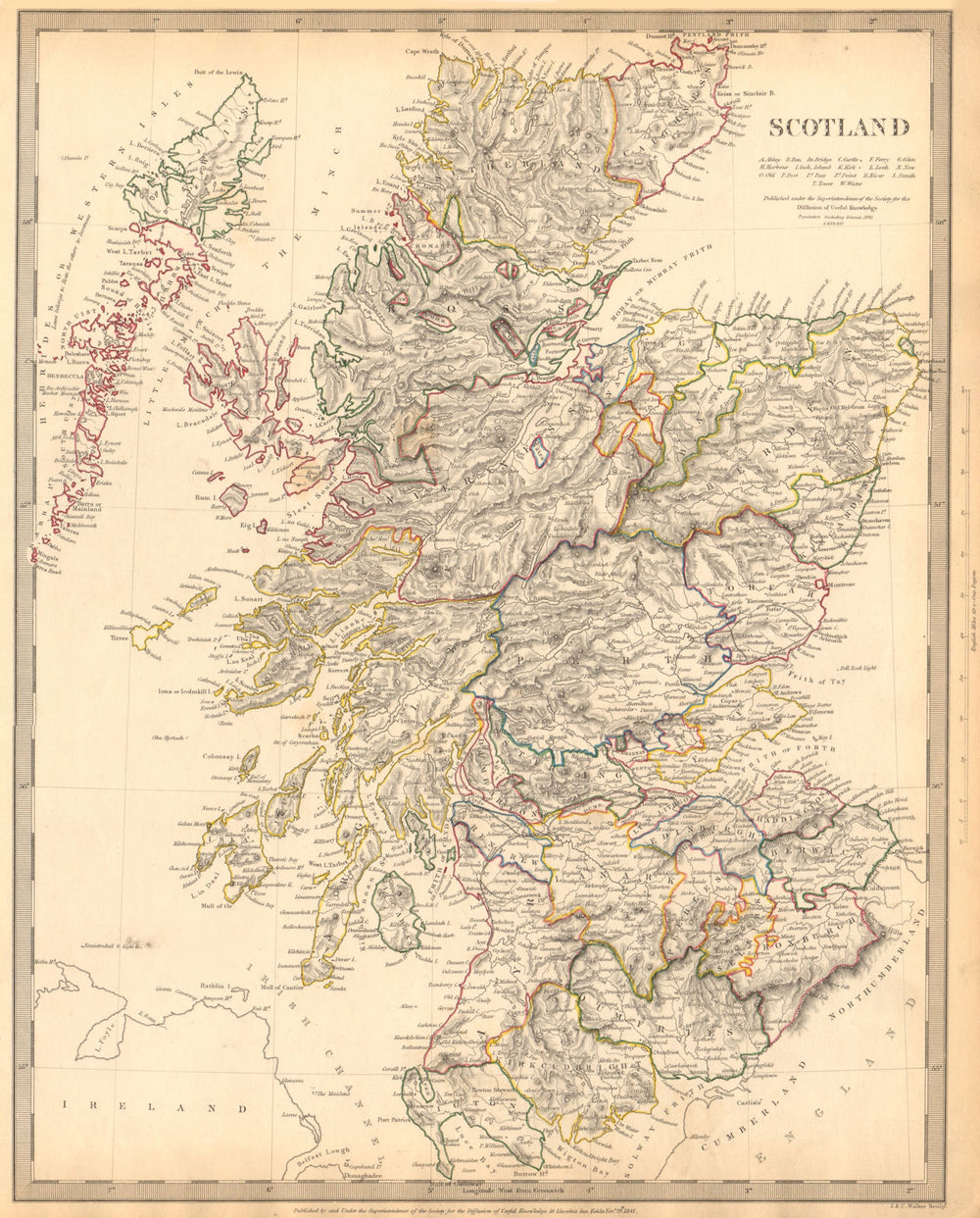 SCOTLAND. General map showing castles & kirks. SDUK 1844 old antique chart
