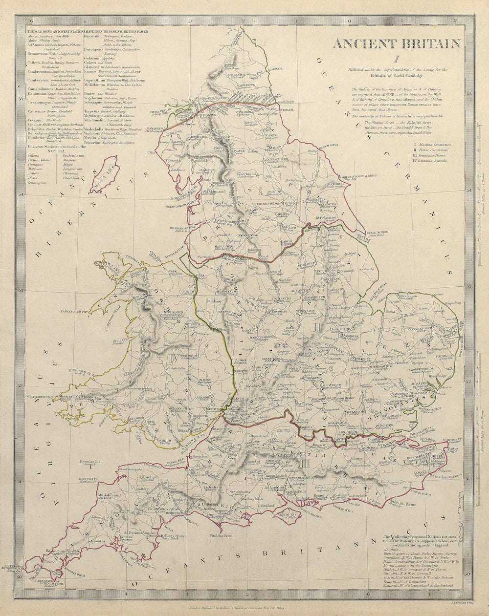 ANCIENT BRITAIN. England & Wales. Roman road town names. Ptolemy SDUK 1844 map