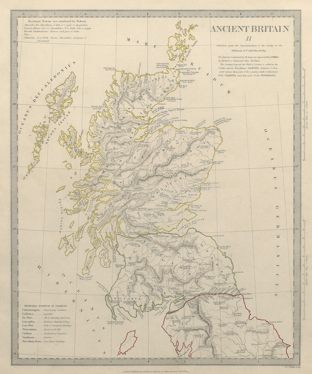 ANCIENT BRITAIN.Caledonia-Scotland.Roman road town names.Ptolemy.SDUK 1844 map