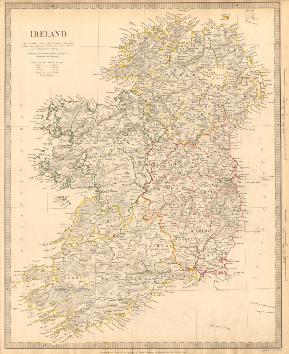 IRELAND w/ roads & 1st irish railway. Kingstown-Dublin-Drogheda. SDUK 1844 map