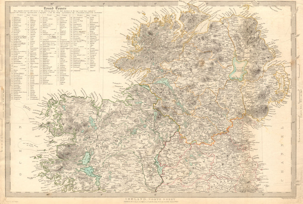 IRELAND.North Sheet.List of round towers Cloigtheach Cloigthithe.SDUK 1844 map