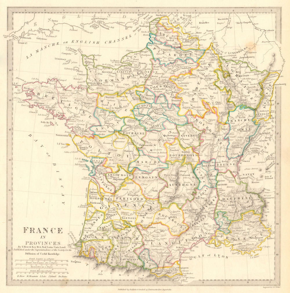 FRANCE IN PROVINCES. Shows provinces <1790. Original hand colour.SDUK 1844 map