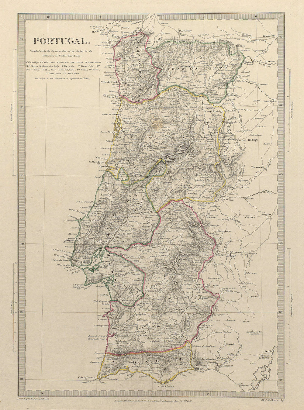 PORTUGAL. Provinces.Algarve Alentejo Estremadura Beira etc. SDUK 1844 old map