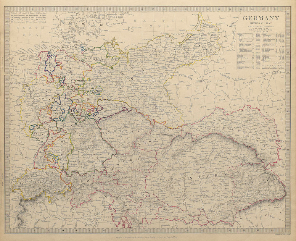 GERMANY. General Map. Hungary. Population table. SDUK 1844 old antique