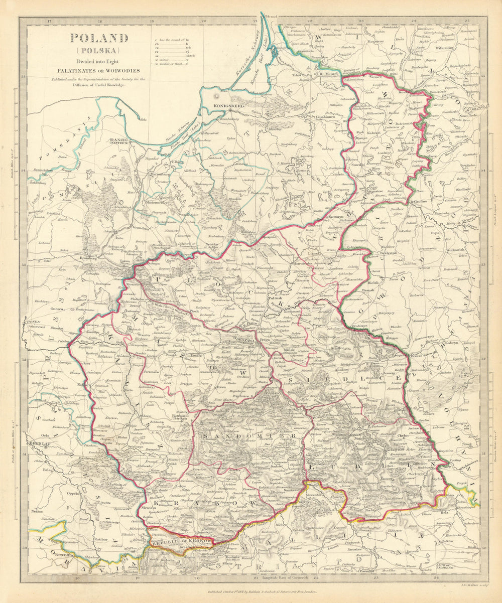 POLAND POLSKA.Palatinates Woiwodies.Mazow Krakow Plock Kalisz &c.SDUK 1844 map