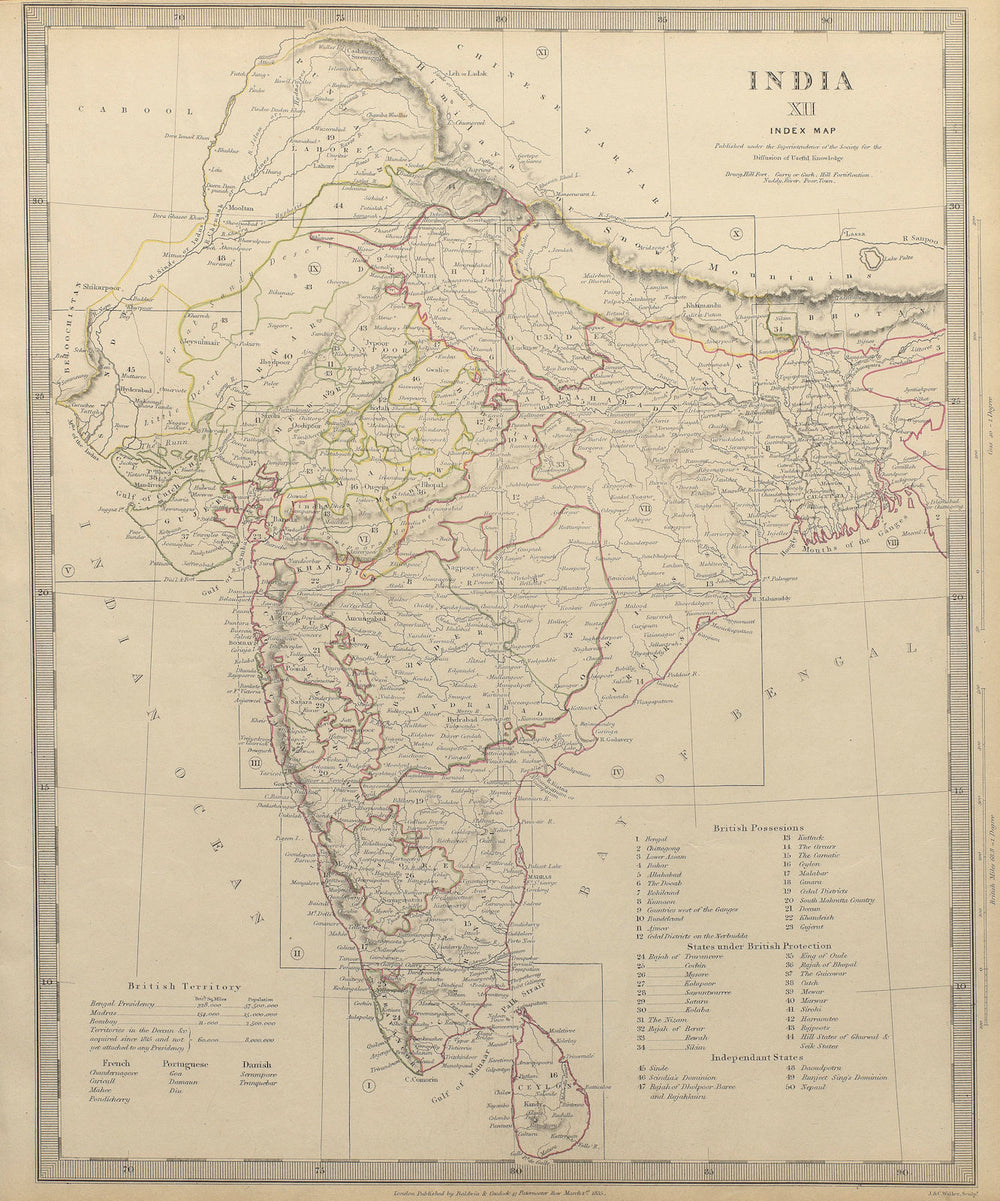 INDIA. Index Map. Lists British French Portuguese Danish states. SDUK 1844