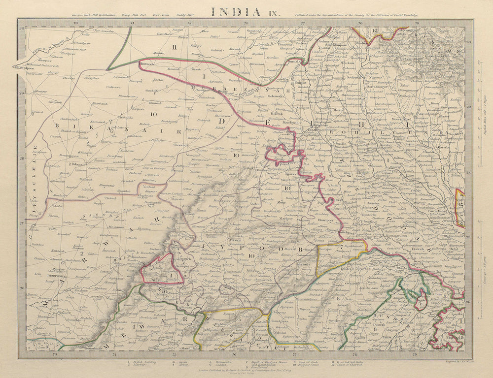 RAJASTHAN. India. Delhi Jaipur Marwar Bikaner Mewar Bundelkhand. SDUK 1844 map