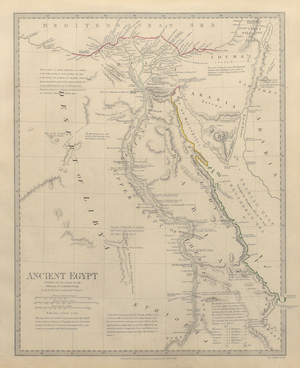 ANCIENT EGYPT. Nile Valley. Original outline colour. SDUK 1844 old antique map