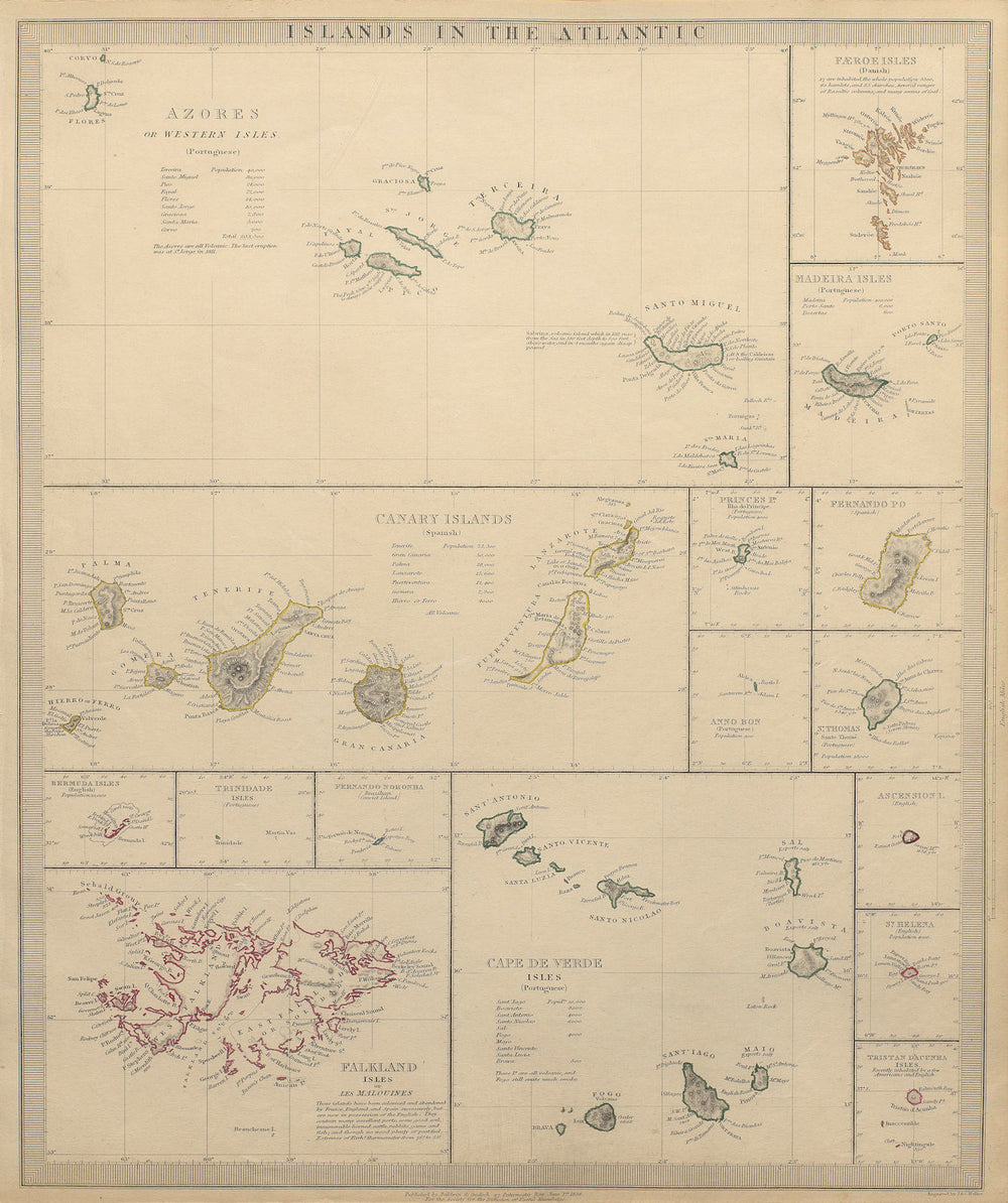 ATLANTIC ISLANDS.Azores Faeroes Madeira Canary Bermuda Falklands.SDUK 1844 map