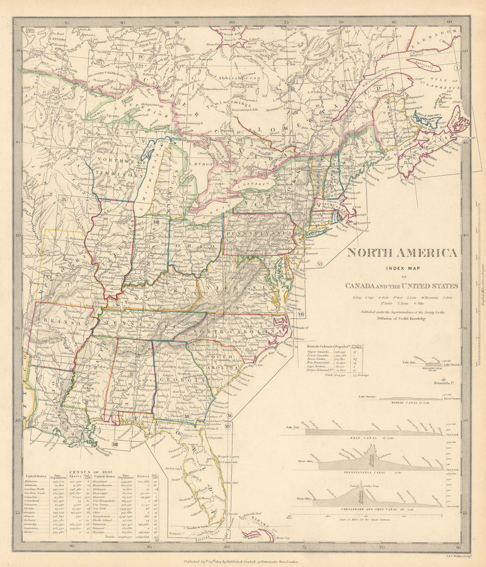 NORTH AMERICA EAST.Canada & USA.Canal Profiles.1830 Census table.SDUK 1844 map