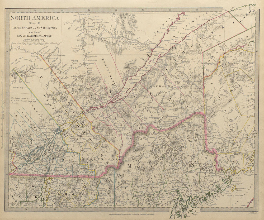 QUEBEC. Québec. Canada.Montreal.Three Rivers.Maine.New Brunswick.SDUK 1844 map