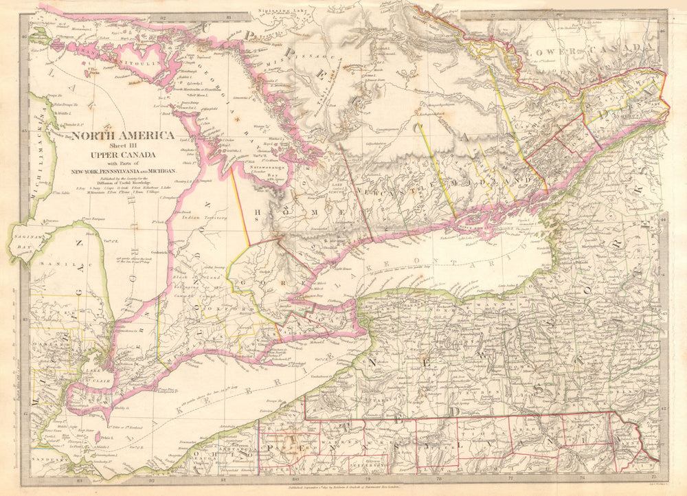 GREAT LAKES.Upper Canada districts <1849.Lake Huron Erie Ontario.SDUK 1844 map
