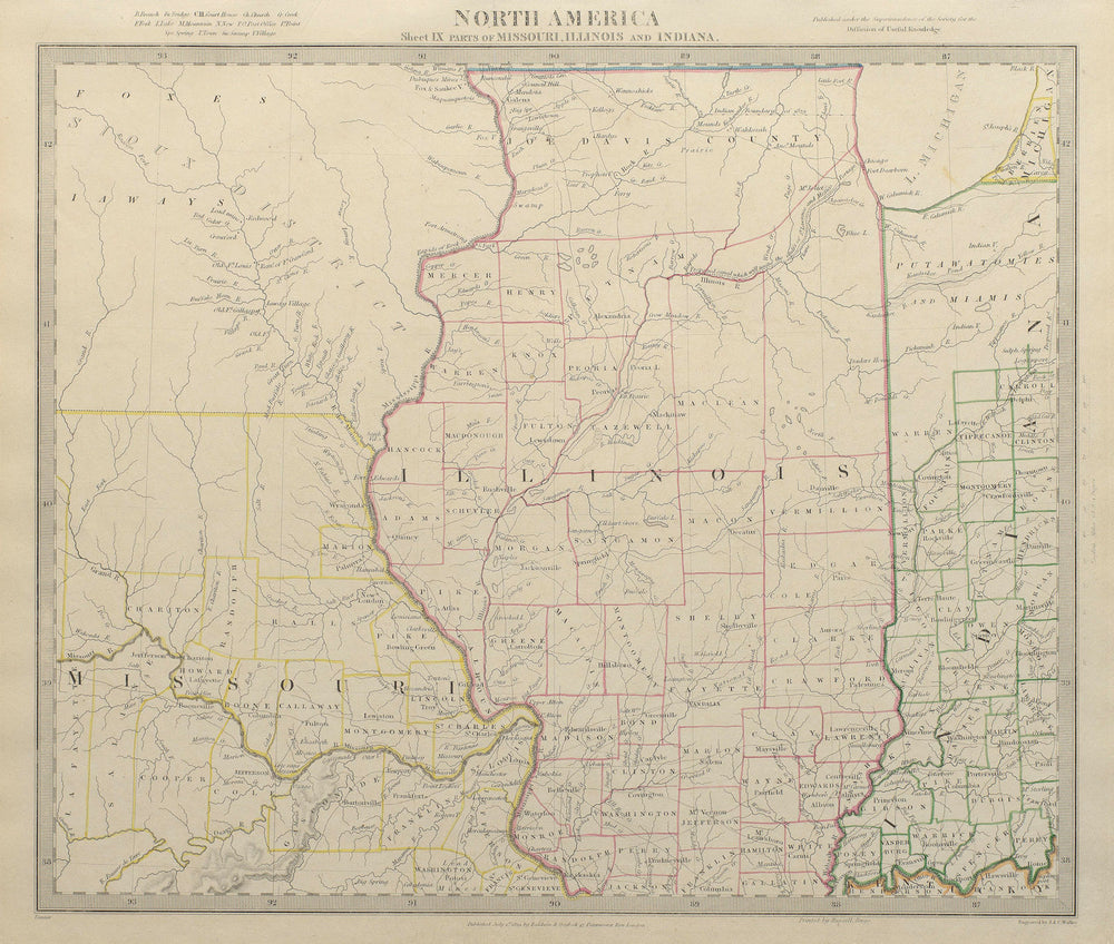 USA. Missouri Illinois Indiana. Indian tribes villages borders. SDUK 1844 map