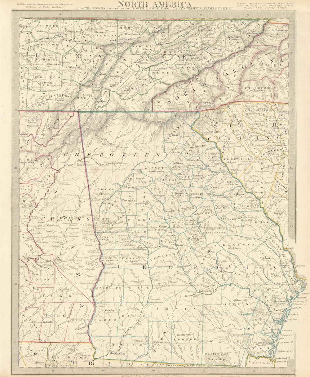 USA. Alabama Georgia Cherokee & Muscogee villages. TN NC SC FL. SDUK 1844 map