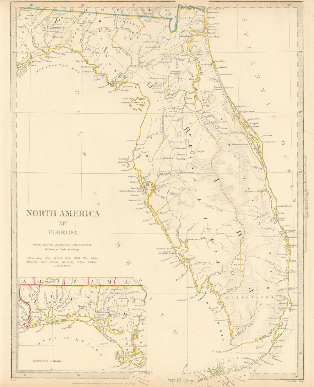 FLORIDA. Showing Seminole Indian reservation & villages.SDUK 1844 old map