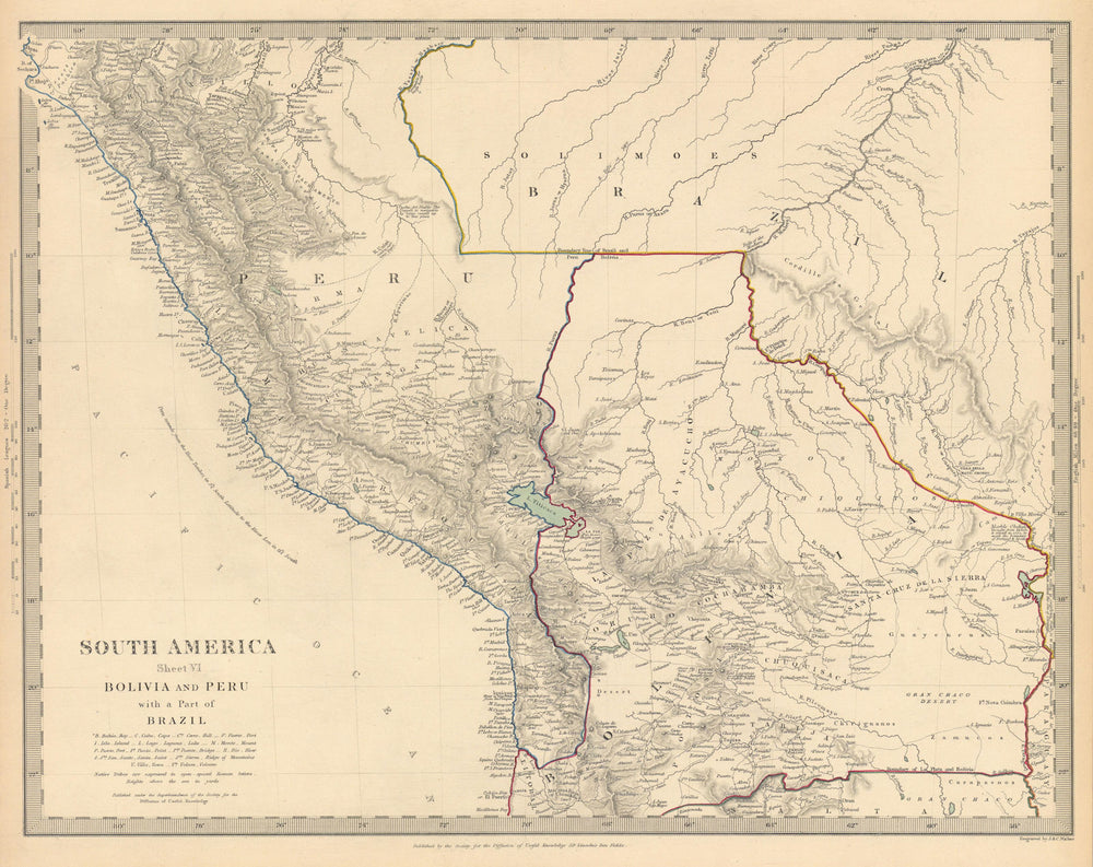 BOLIVIA, PERU & part of Brazil. Indian tribes. Bolivian Litoral. SDUK 1844 map