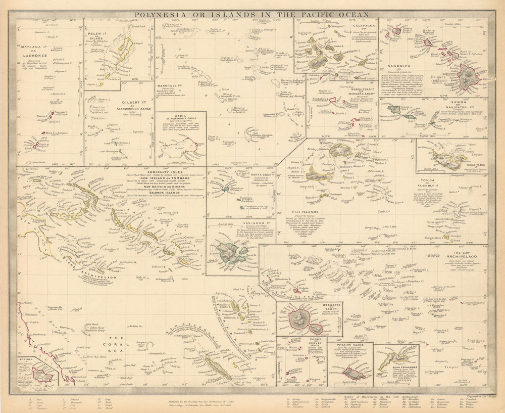 PACIFIC ISLANDS. Polynesia Hawaii Samoa Fiji Tonga Tahiti Cook. SDUK 1844 map