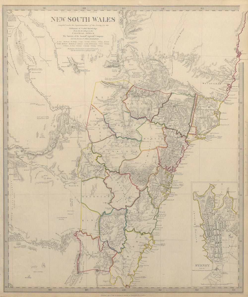 NEW SOUTH WALES. based on Cunningham routes. Inset Sydney plan. SDUK 1844 map