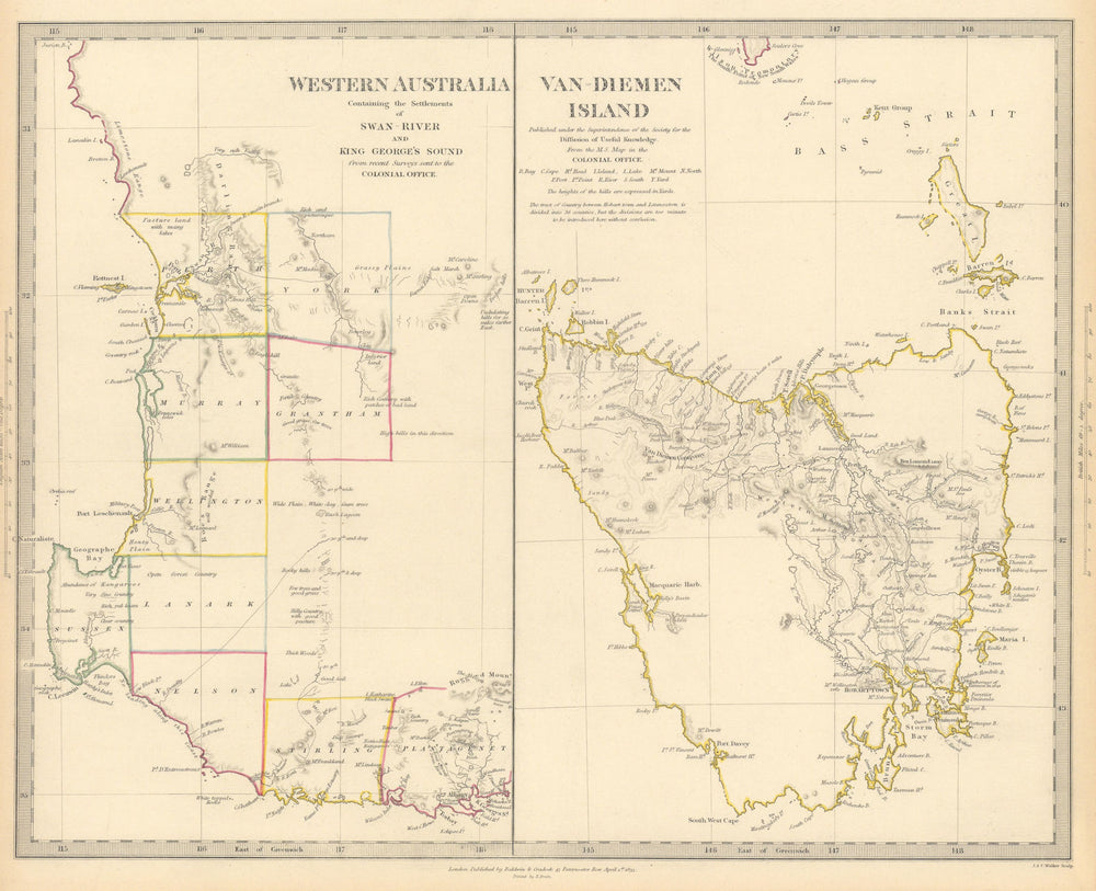 AUSTRALIA. Western Australia & Van Diemen's Land (Tasmania) . SDUK 1844 map