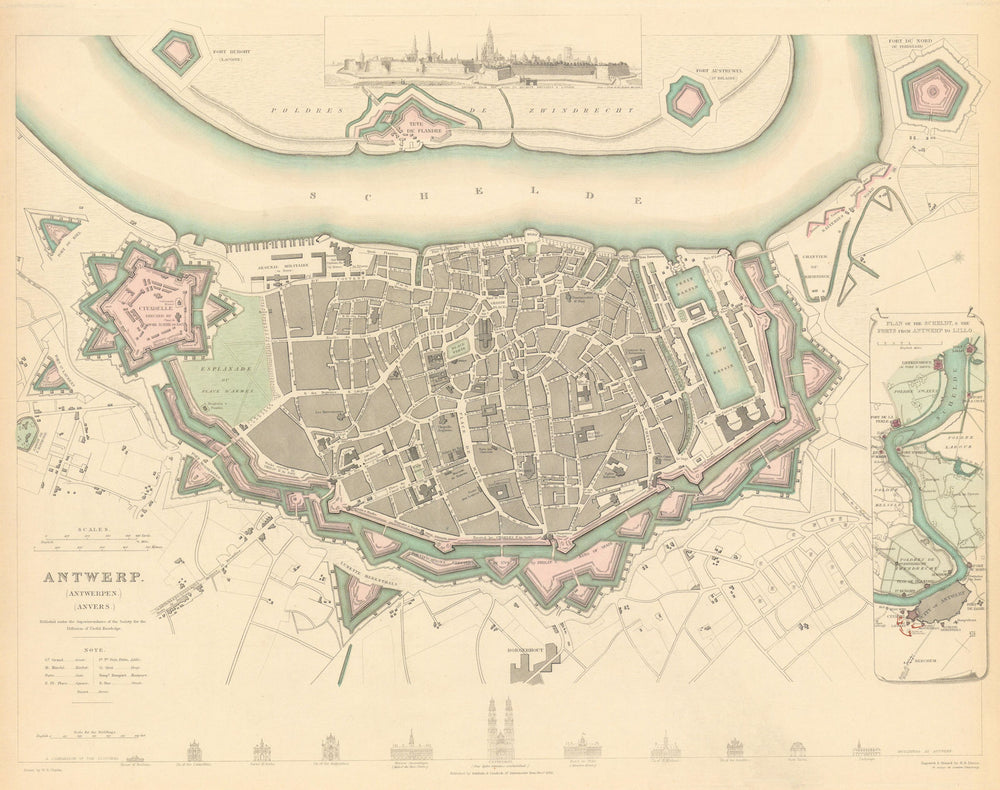 ANTWERP ANTWERPEN ANVERS. Town city map. Schelde forts Lillo. SDUK 1844