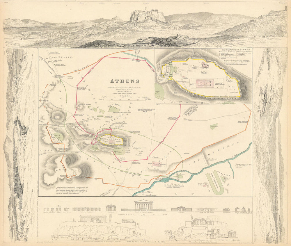ANCIENT ATHENS. Αθήνα. Antique town city map plan. Acropolis. SDUK 1844