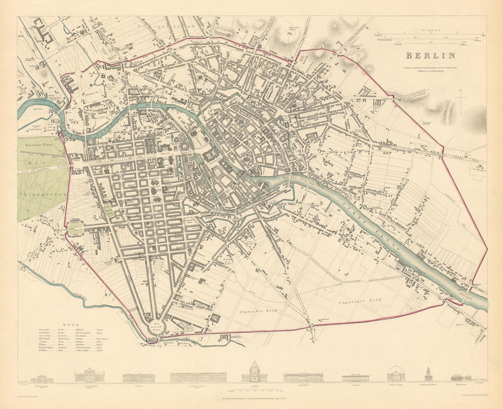 BERLIN. Antique town city map plan showing fortifications. SDUK 1844 old