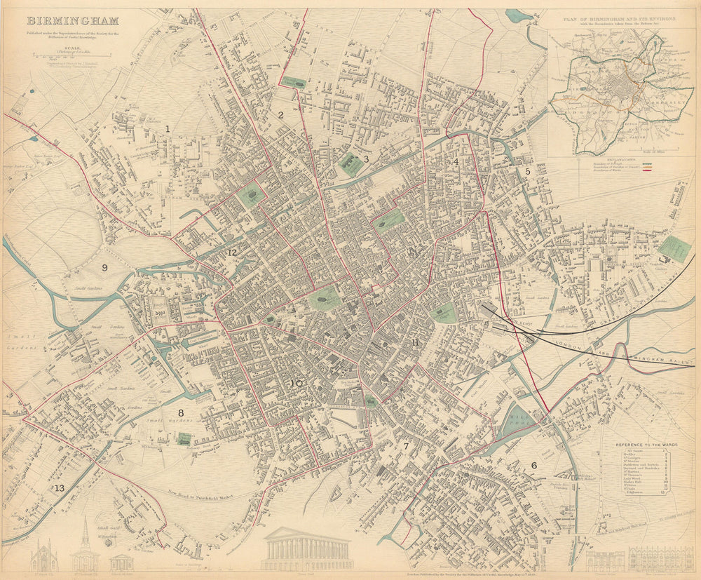 BIRMINGHAM. Antique town city map plan. Inset environs of Birmingham. SDUK 1844