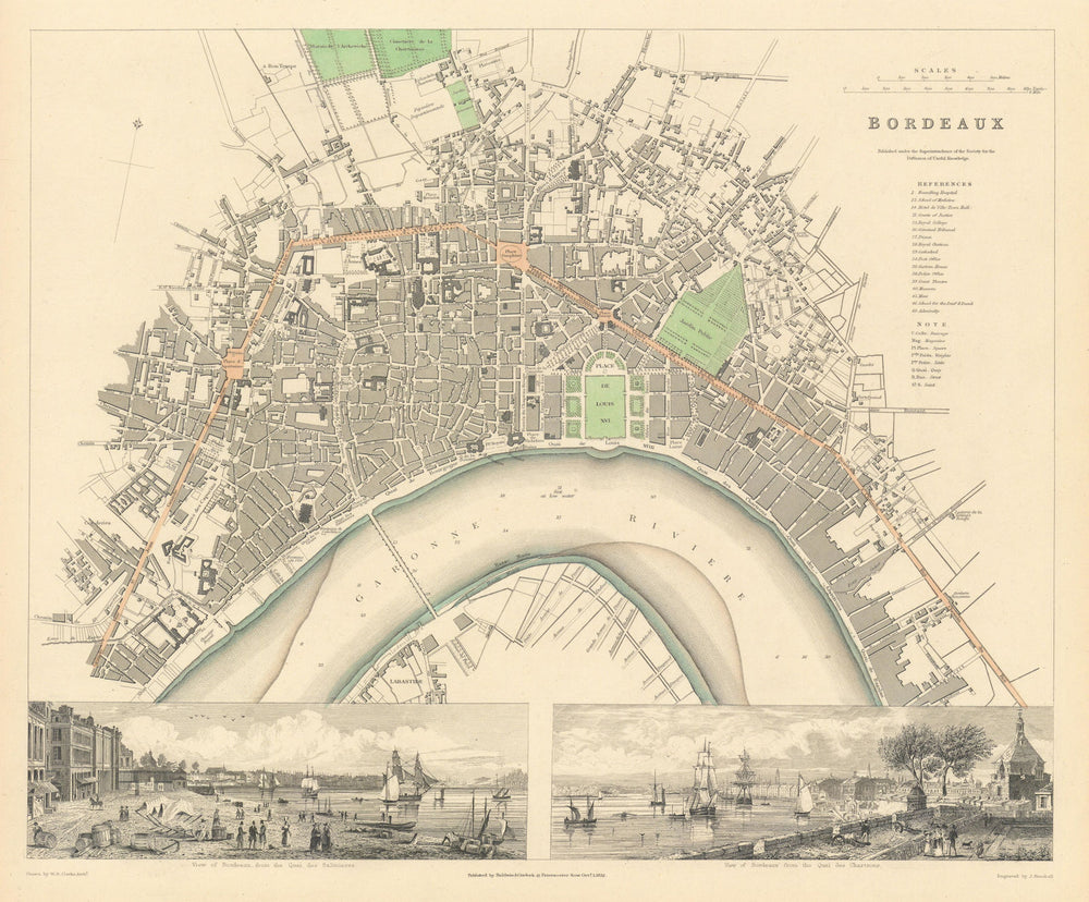 BORDEAUX. Antique town city map plan. Inset Quai Salinieres Chartrons.SDUK 1844