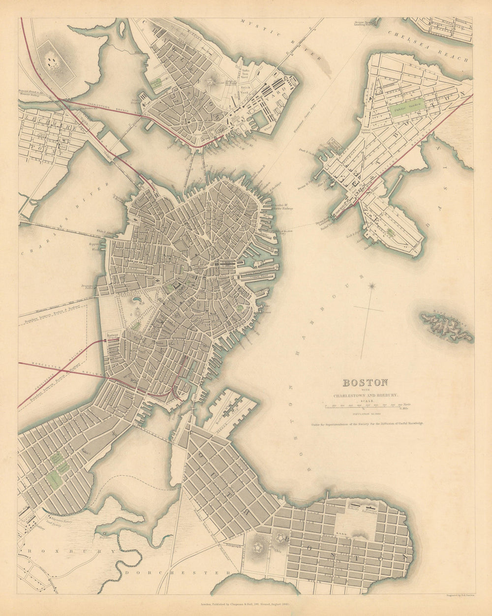 BOSTON WITH CHARLESTOWN AND ROXBURY. Antique town city map plan. SDUK 1844