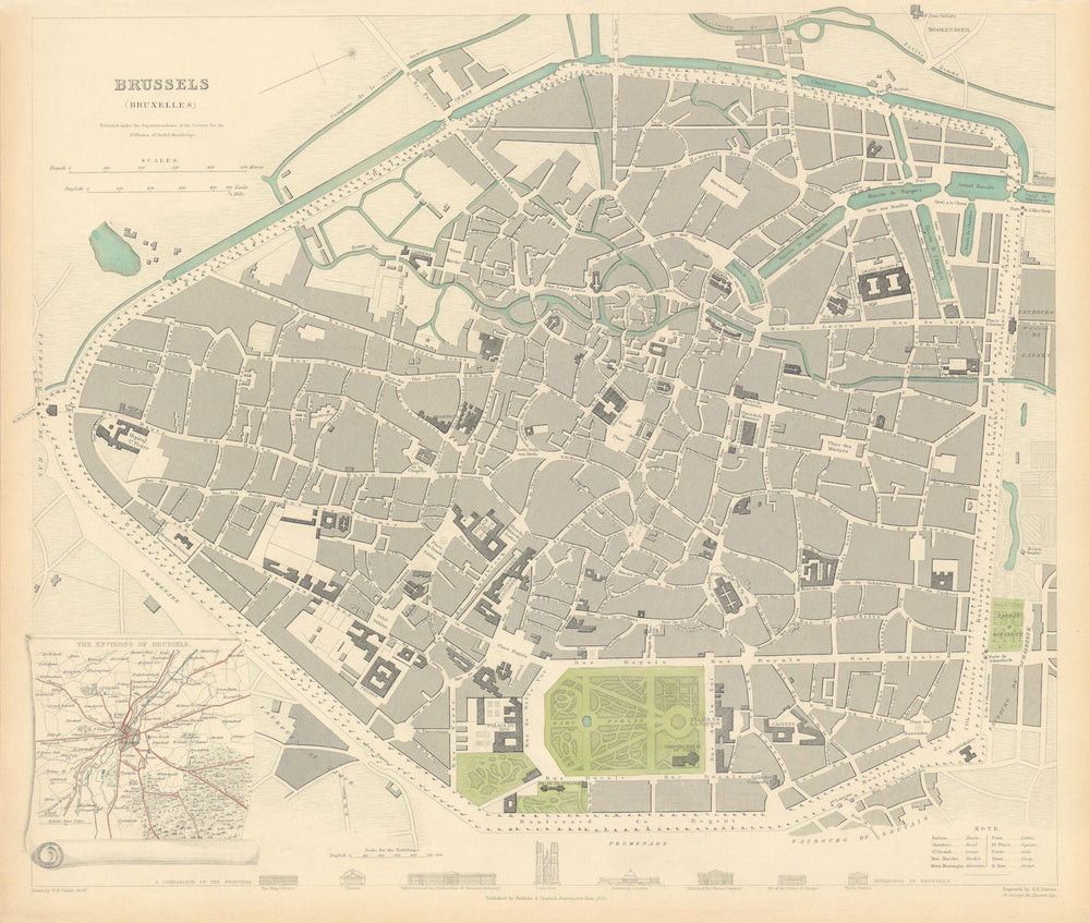 BRUSSELS BRUXELLES BRUSSEL. Antique town city map plan.Inset environs.SDUK 1844