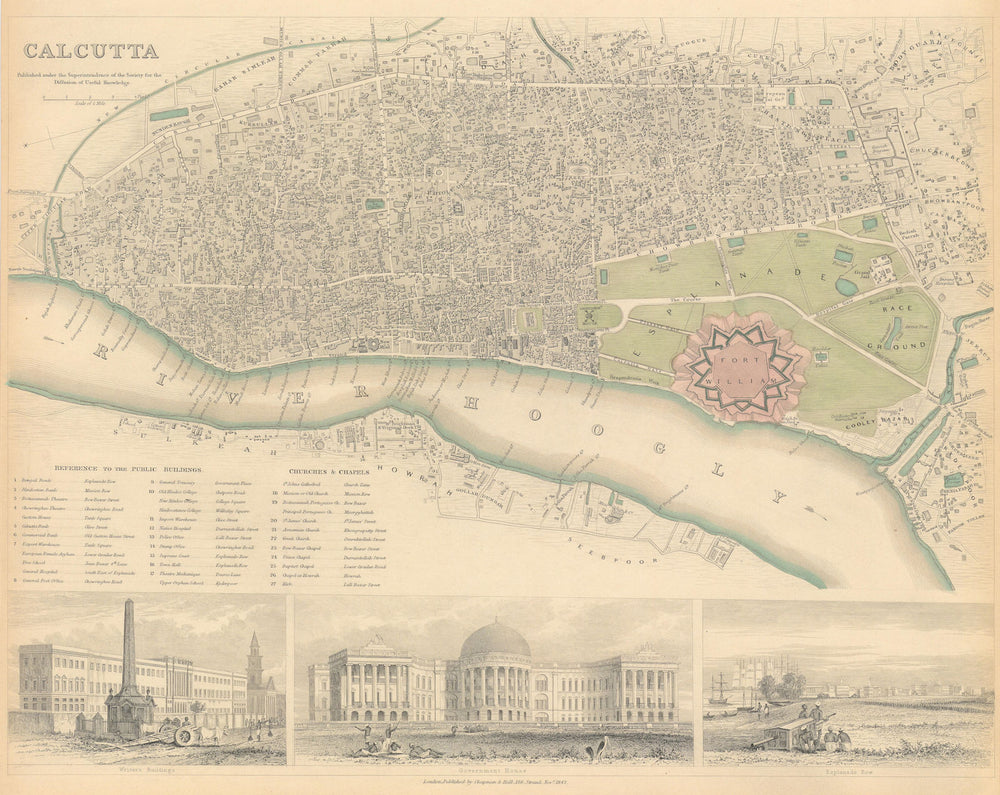 CALCUTTA KOLKATA. Antique town city map plan.Govt House.Esplanade Row.SDUK 1844