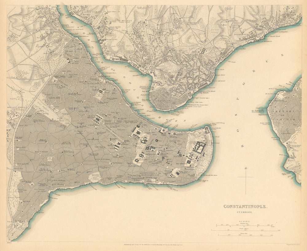 CONSTANTINOPLE ISTANBUL. Antique town city map plan.Stambool Galata. SDUK 1844