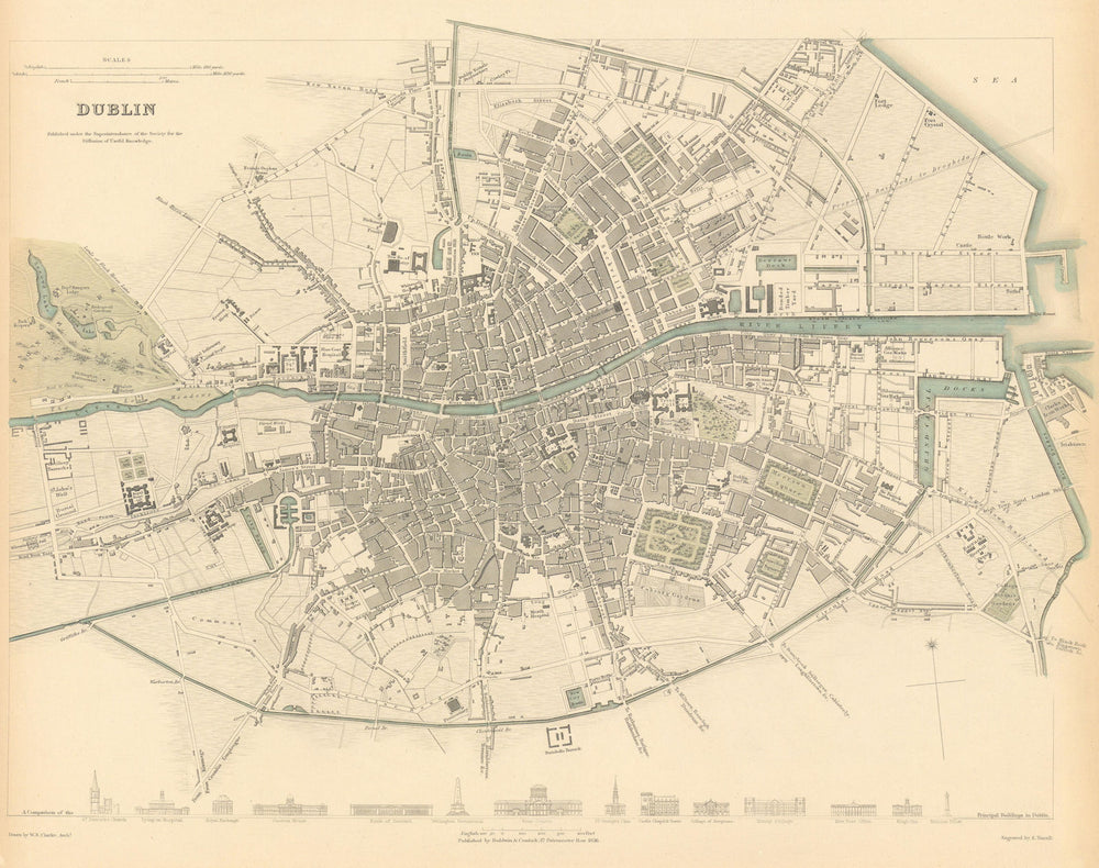 DUBLIN. Antique town city map plan. Key buildings profiles. SDUK 1844 old