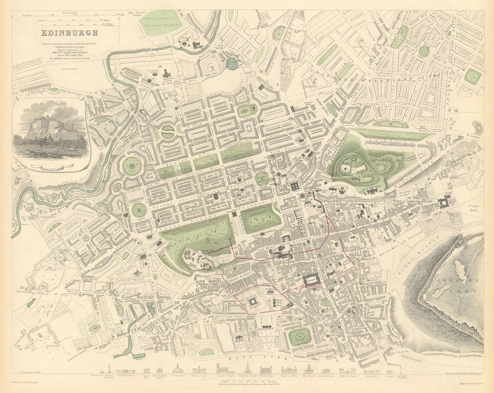 EDINBURGH. Antique town city map plan. Key buildings profiles. SDUK 1844