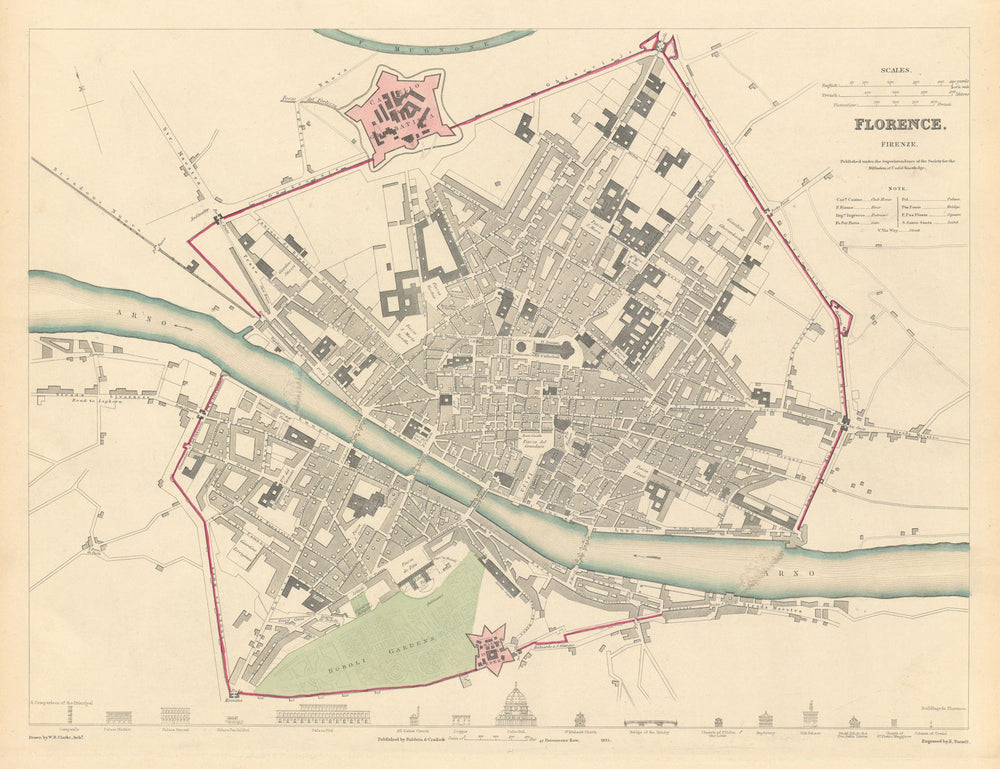 FLORENCE FIRENZE. Antique town city map plan. Key buildings profiles. SDUK 1844