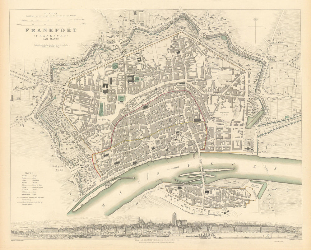 FRANKFURT AM MAIN. Antique town city map plan. Panorama.am Mayn. SDUK 1844