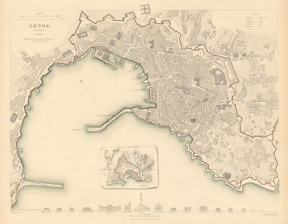 GENOVA (GENOA GÊNES) GÈNES. Antique town city map plan.Inset outworks.SDUK 1844