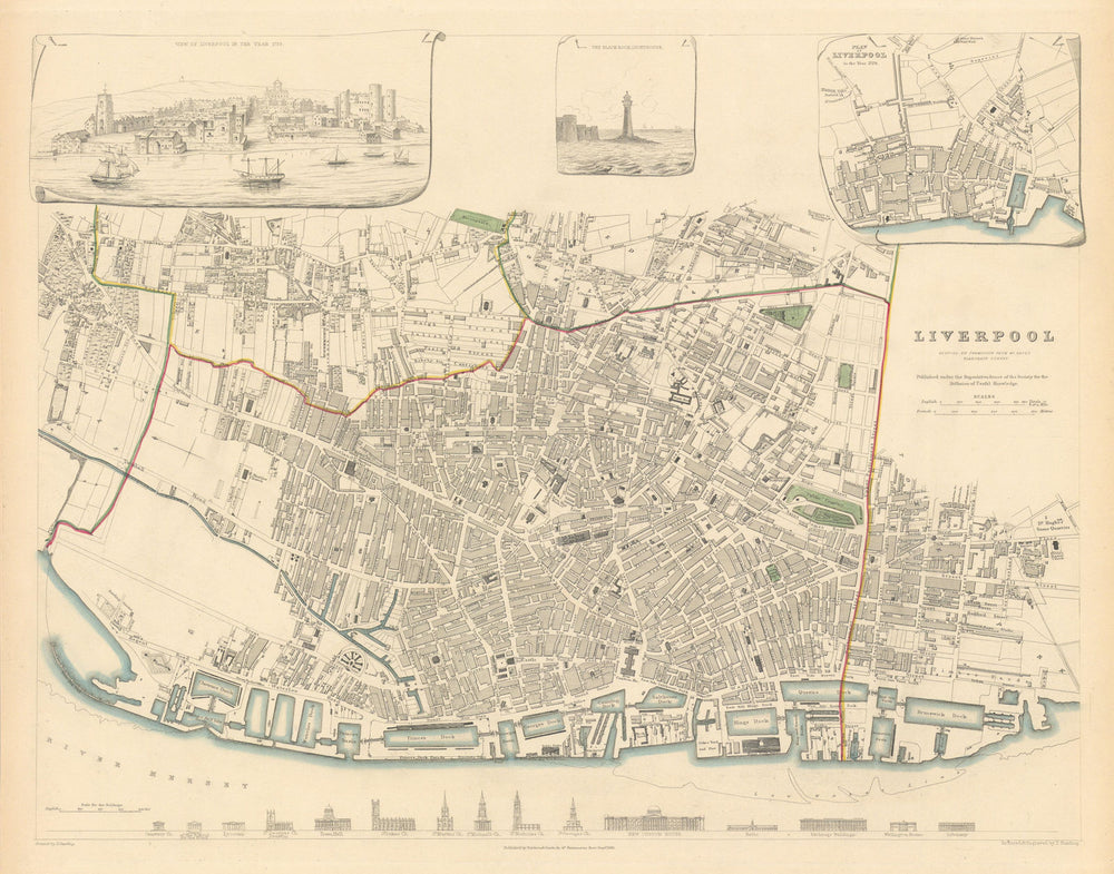 LIVERPOOL. Antique town city map.Inset view & plan in 1729. Buildings.SDUK 1844