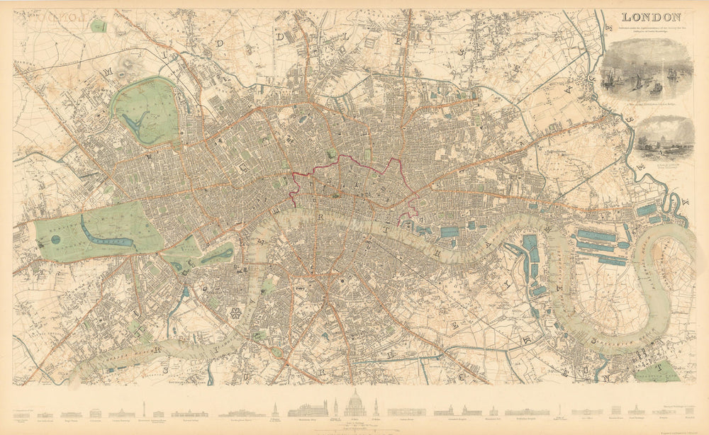 LONDON. Antique town city map plan. Profiles of main buildings. LARGE.SDUK 1844