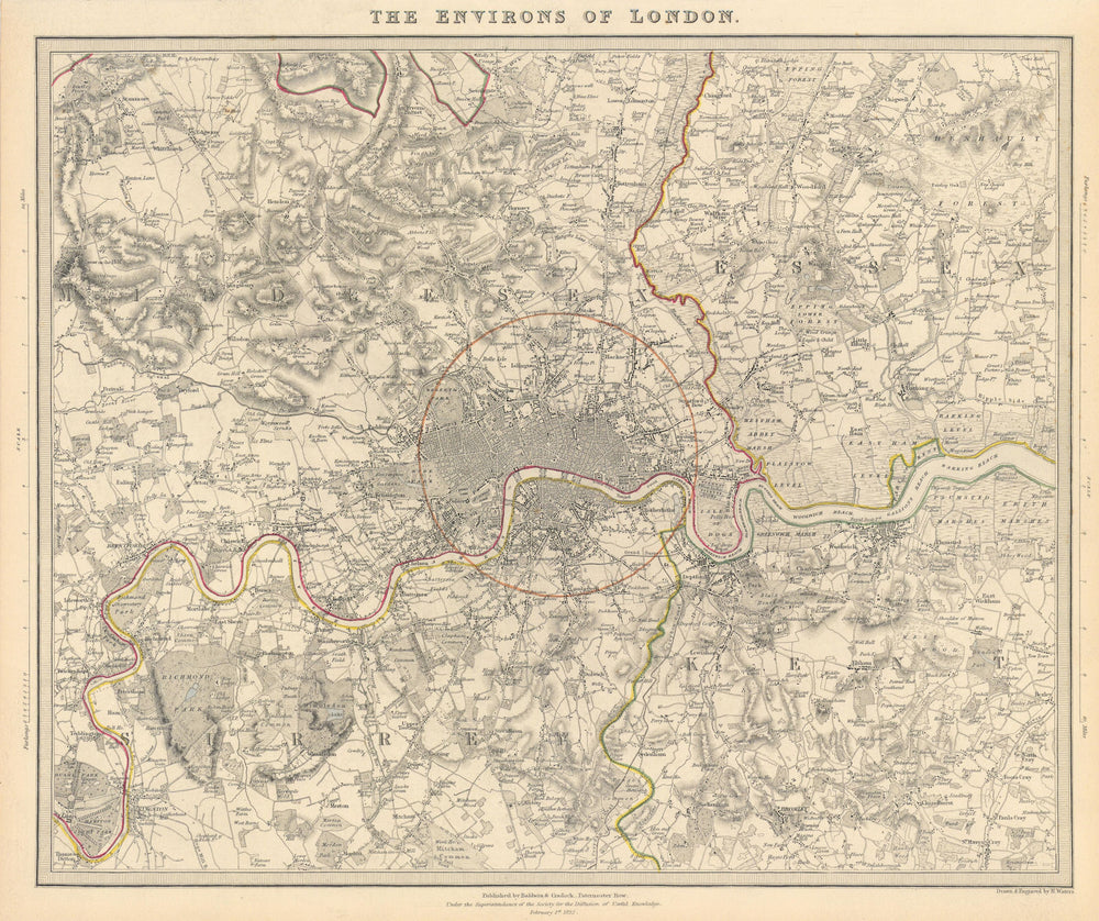 LONDON & ENVIRONS. Middlesex Kent Essex Surrey.  Coloured. SDUK 1844 old map