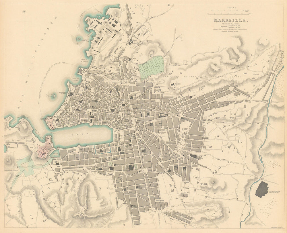 MARSEILLE. Antique town city map. Ancient Massilia. Marseilles. SDUK 1844