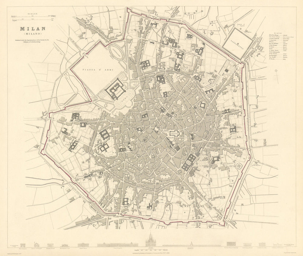 MILAN MILANO. Antique town city map plan. Main buildings profiles. SDUK 1844