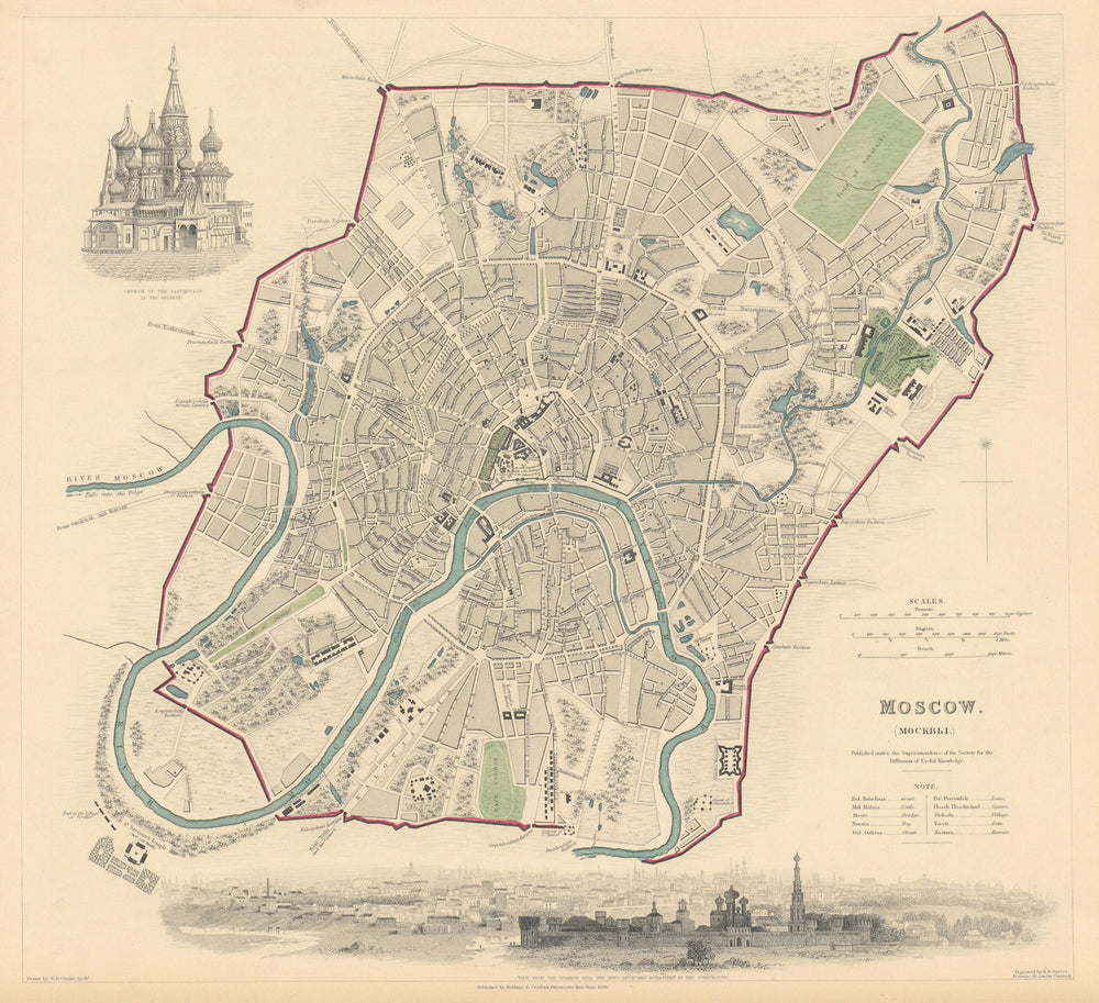 MOSCOW MOSKAU Москва. Antique town city map plan & panorama. SDUK 1844 old