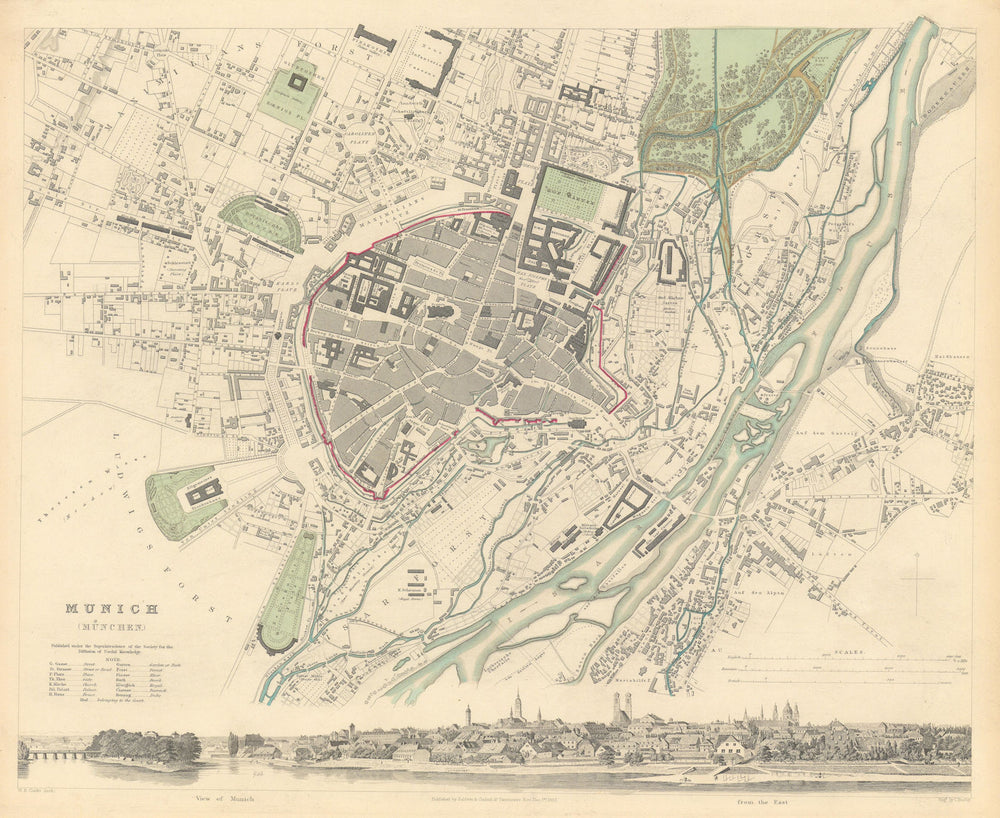 MUNICH MÜNCHEN MUNCHEN. Antique town city map plan & panorama. SDUK 1844