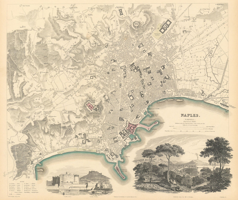 NAPLES NAPOLI. Antique town city map plan & view. Castello St Elmo. SDUK 1844