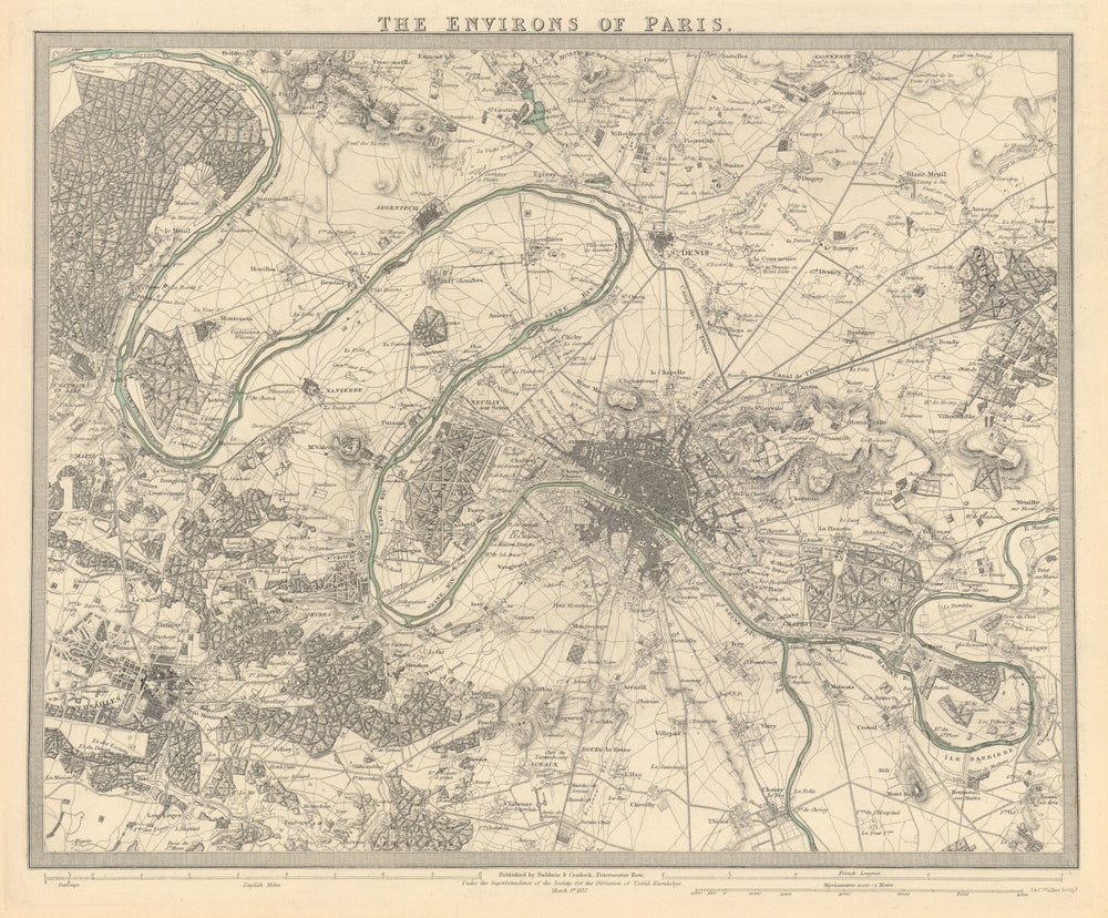 PARIS ENVIRONS. Paris. Versailles. Original hand colour. SDUK 1844 old map