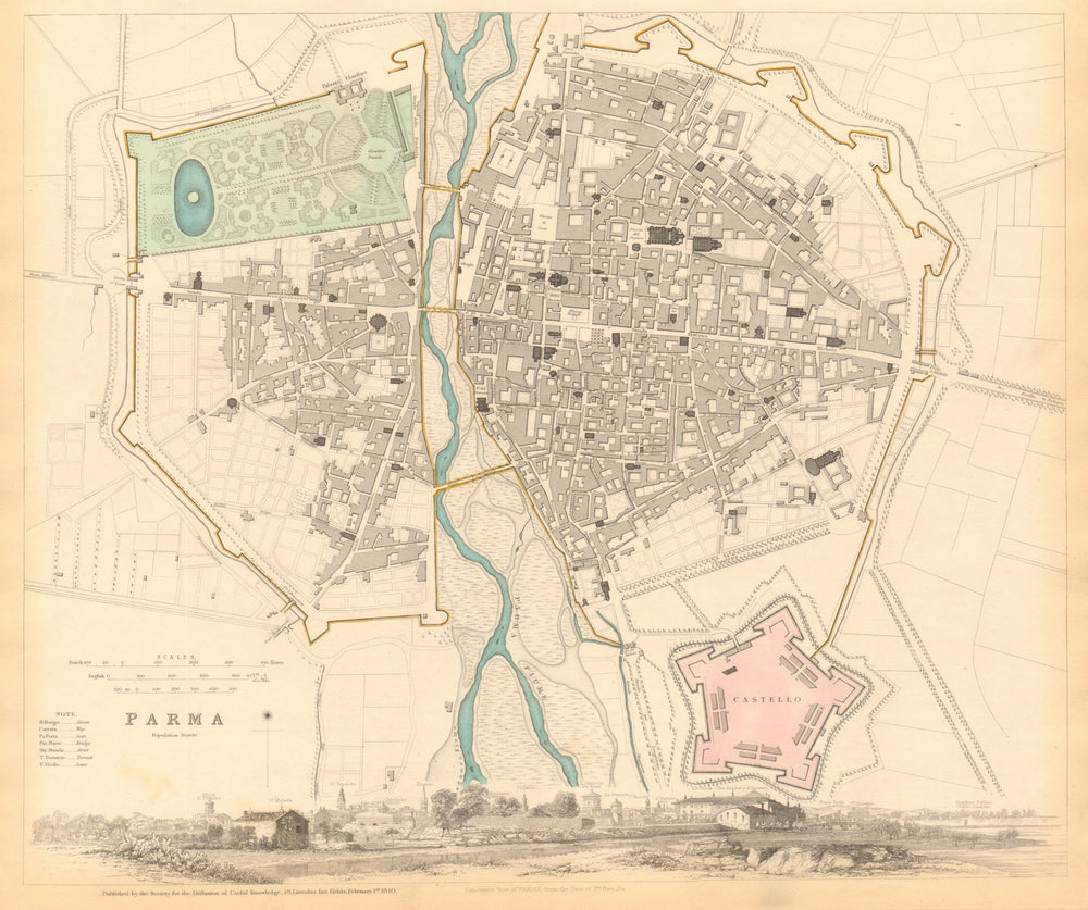 PARMA. Antique town city map plan & panorama. Parme. SDUK 1844 old